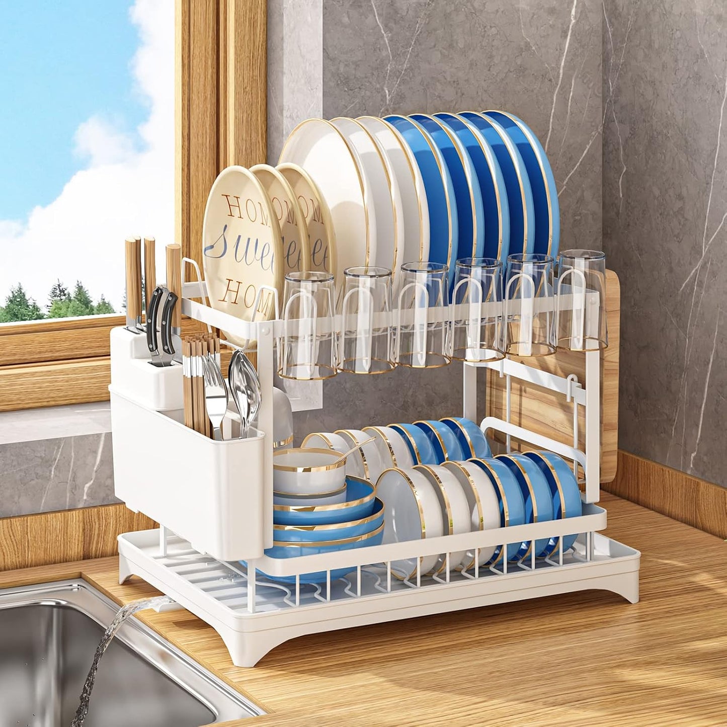 AIDERLY 2 Tier Dish Drying Rack, White | Iron, Removable Cutlery Basket, For Kitchen Counter