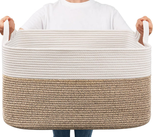 Goodpick Large Woven Rope Blanket Basket, Rectangle, White & Light Brown | 21.6" × 14.9" × 11.8" Storage Basket for Pillows & Toys Laundry, Nursery & Living Room Organization, Reinforced Handles