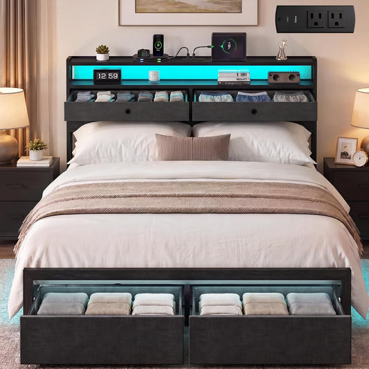 Queen Bed Frame with LED Lights and Charging Station, Platform Bed with Metal Slats, Wood Headboard with 2 Fabric Drawers and Storage Shelves, No Box Spring Needed