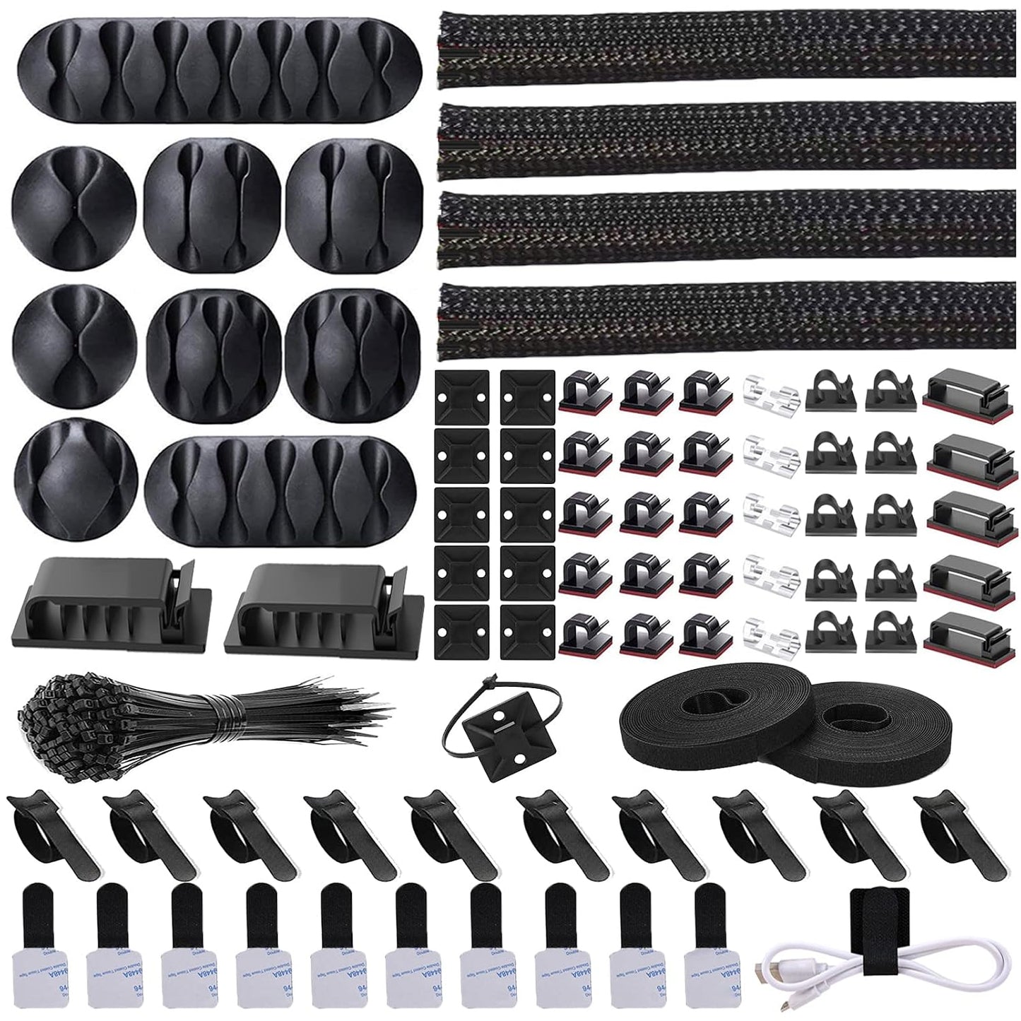Cord Management Organizer Kit 4 Cable Sleeve split 192PCS Cable Management | 41Self Adhesive Cable Clips Holder, 10pcs and 2 Roll Self Adhesive tie ,100 Fastening Cable Ties, for TV Office Car Desk Home