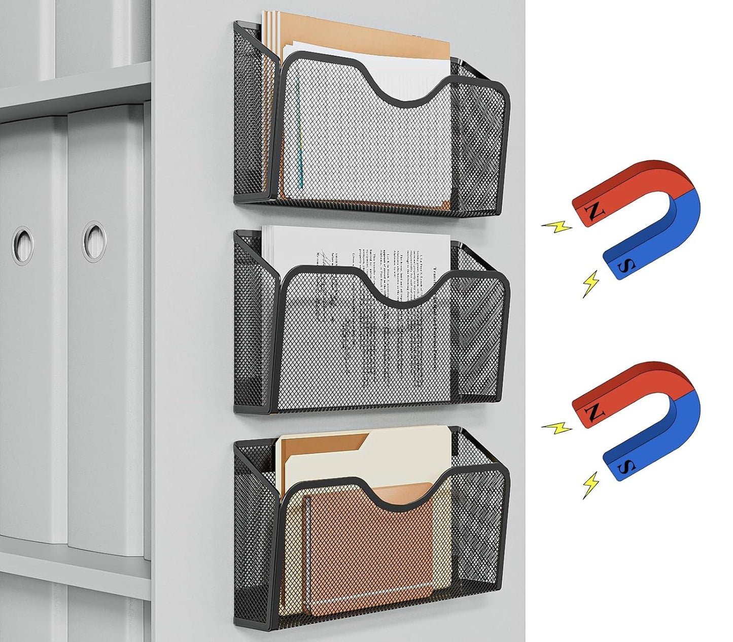Magnetic File Holder - 3PCS File Paper Mail Organizer No Drilling Magazine Paper Document Holder/Magnetic Hanging File Organizer for File Cabinets, Office, Whiteboard, BLACK