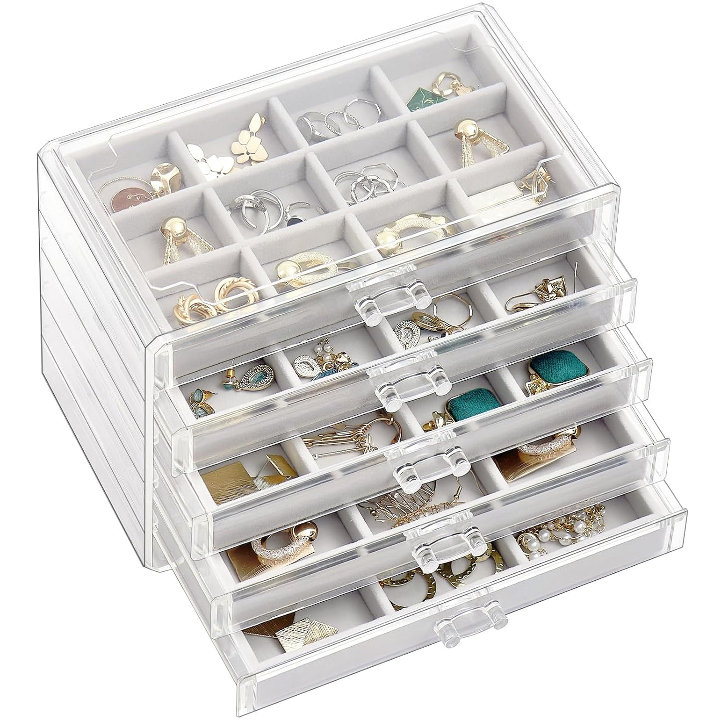 ProCase Earring Holder Organizer Jewelry Box with 5 Drawers, Grey | Acrylic Clear Jewelry Organizers, Stud Earring Storage Box with Adjustable Velvet Trays, Women Girls Christmas Birthday Gifts