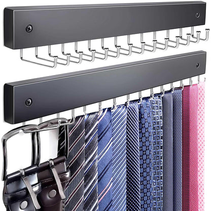 2-Pack Tie Rack Wall Mounted, Belt Hanger, Tie Organizer for Closet | Wooden Tie and Belt Organizer, 28 Folding Hooks, Space Saving Tie Holder, Durable Belt Rack for Closet Wall Mount, Black