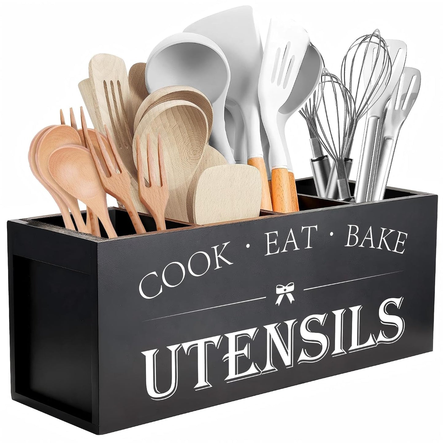 Extra Large Utensil Holder Countertop for Kitchen Counter,Wood,Black | Hold 40 Utensils,4 Removable Divider,Rutic Silverware Organizer Caddy,Spacesaving,Farmhouse Cooking Crock for Spatula,Spoon