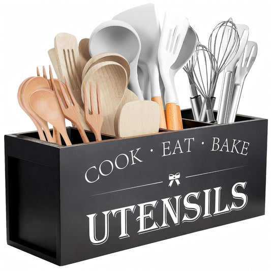 Extra Large Utensil Holder Countertop for Kitchen Counter,Wood,Black | Hold 40 Utensils,4 Removable Divider,Rutic Silverware Organizer Caddy,Spacesaving,Farmhouse Cooking Crock for Spatula,Spoon