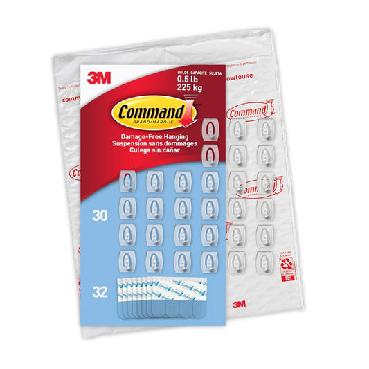 Command Clear Indoor Mini Wall Hooks, 30 Hooks, 32 Strips, Damage-Free Hanging and Decorating for Home, Room, Wall, Office, and Dorm Decor, Holds up to 0.5 lb