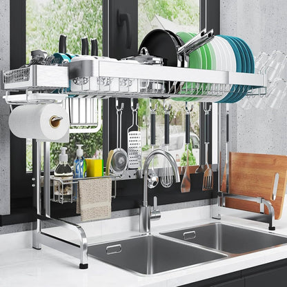 LIVOD Over The Sink Dish Drainer Drying Rack, 2 Tier Full Stainless Steel Storage Adjustable Length Kitchen Rack, Multifunctional Expandable Counter Organizer, Space Saver Dish Rack