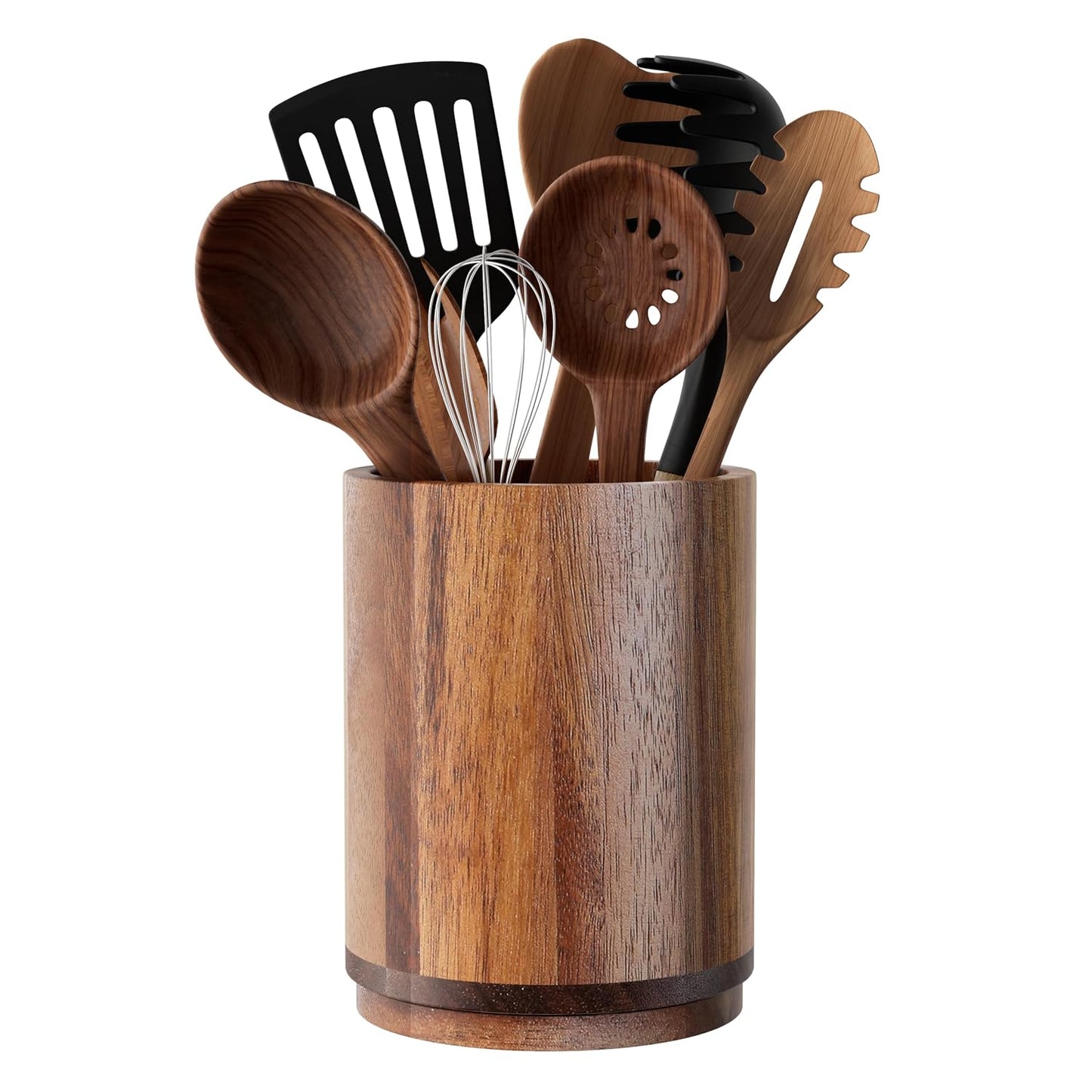 Utensil Holder, Acacia Wood Kitchen Utensil Holder for Countertop, 360°Rotating Cooking Utensil Crock for Kitchen Counter, 7.2" Large Utensil Organizer for Spatula