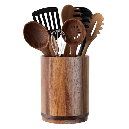Utensil Holder, Acacia Wood Kitchen Utensil Holder for Countertop, 360°Rotating Cooking Utensil Crock for Kitchen Counter, 7.2" Large Utensil Organizer for Spatula