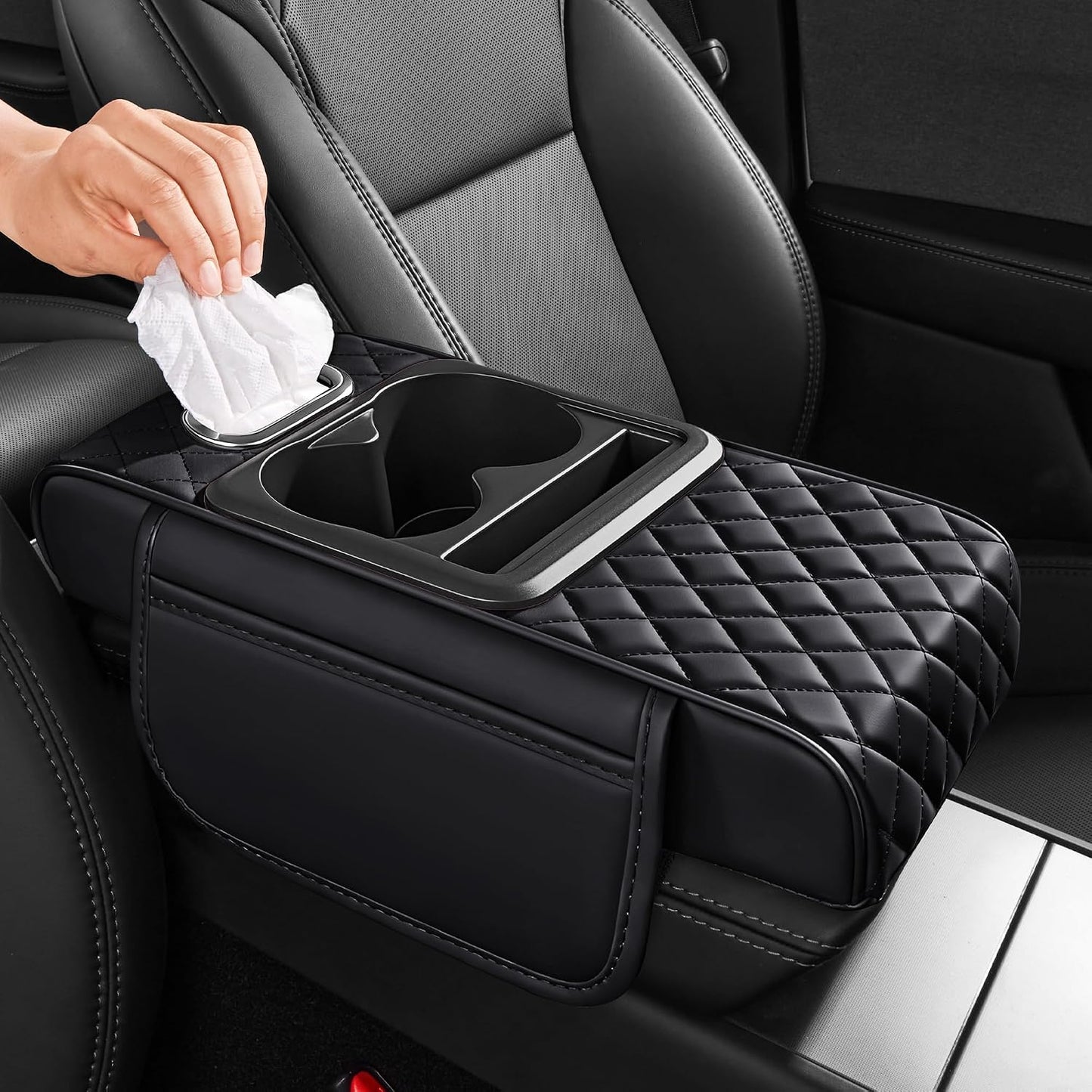 5 in 1 Nappa Leather Console Armrest Cover, Black | Built-in cup holder, tissue slot, phone holder & 2 storage pockets, practical car accessories fit SUV sedan truck