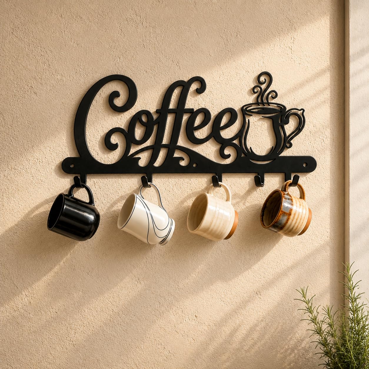 Coffee Mug Holder Wall Mount with 4 Hooks, 16.93 Inch Metal Coffee Bar Decor Sign, Heavy Duty Iron Cup Rack Hanger for Kitchen, Cafe and Home Organization, Matte Black（16.93"L x 6.69"H x 0.98"W)