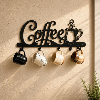 Coffee Mug Holder Wall Mount with 4 Hooks, 16.93 Inch Metal Coffee Bar Decor Sign, Heavy Duty Iron Cup Rack Hanger for Kitchen, Cafe and Home Organization, Matte Black（16.93"L x 6.69"H x 0.98"W)