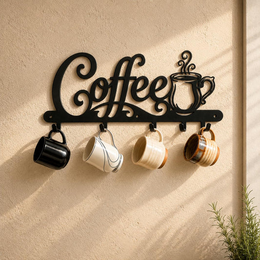 Coffee Mug Holder Wall Mount with 4 Hooks, 16.93 I... (‎Black | ‎Metal)