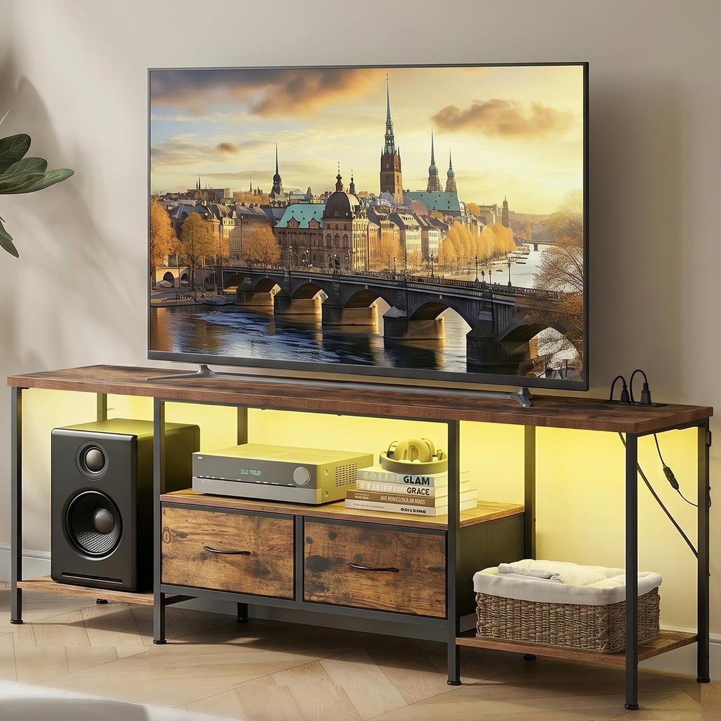 SONGMICS BELLAH Collection - TV Stand with Power Outlets and Lights, Entertainment Center Media Console for TVs Up to 70 Inches, Living Room, Shelves, Drawers, Industrial, Rustic Brown ULGS420K101S