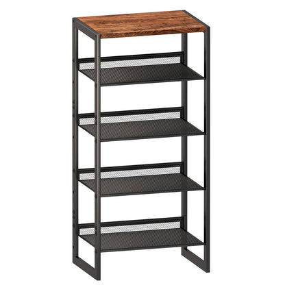 CHEMPFR Narrow 5-Tier Shoe Rack, Slim Space-Saving Shelf with Decorative Wood Top & Steel Mesh, Entryway/Closet/Dorm Organizer, 16.5x11.8x36 Inches