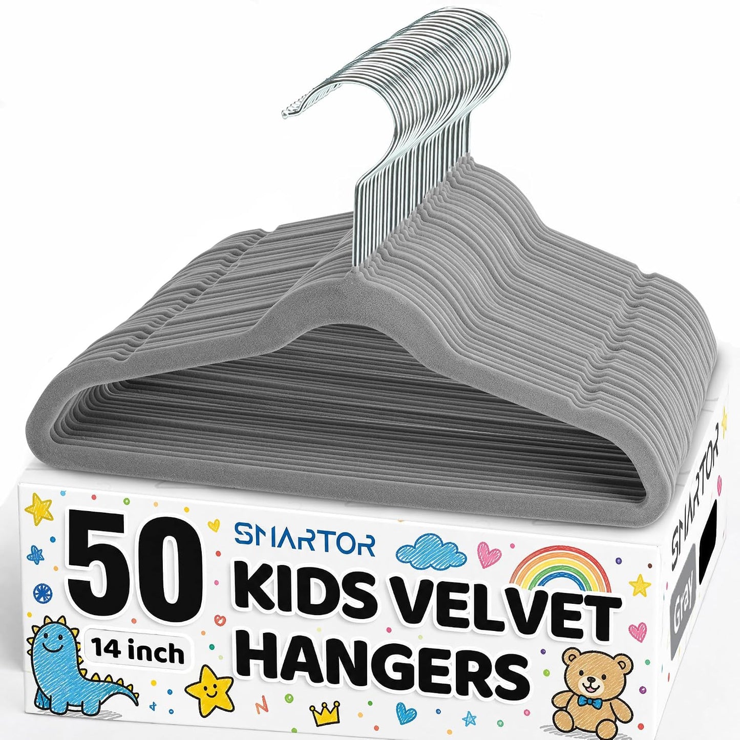 Premium 14 Inch Kids Hangers 50 Pack, Baby Velvet Hanger Non Slip | Grey Space Saving Felt Hangers Clothes Organizers for Closet with 360° Swivel Hook for Children, Toddler & Teens