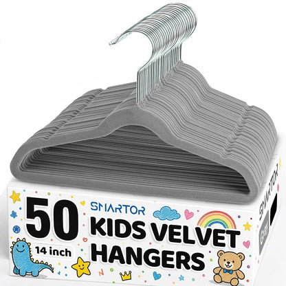 Premium 14 Inch Kids Hangers 50 Pack, Baby Velvet Hanger Non Slip | Grey Space Saving Felt Hangers Clothes Organizers for Closet with 360° Swivel Hook for Children, Toddler & Teens