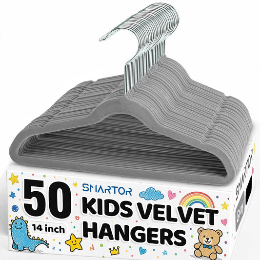 Premium 14 Inch Kids Hangers 50 Pack, Baby Velvet Hanger Non Slip | Grey Space Saving Felt Hangers Clothes Organizers for Closet with 360° Swivel Hook for Children, Toddler & Teens