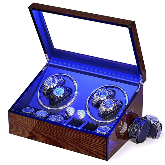 BEWISHOME Watch Winders for Automatic Watches, Automatic Watch Winder Box | Watch Spinner with LED Light,4 Watch Winder with Quiet Running Motor and 6 Storage Case for Man/Woman's Watches, Brown SYQ01Y