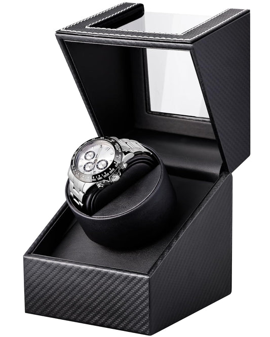Watch Winder for Automatic Watches: Automatic Single Watch Winder Box | Japanese Quiet Motor, Anti-Magnetic Design, USB-C or Battery Power, Adjustable Pillow, Black Carbon Fiber, Gift for Men