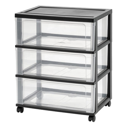 IRIS USA 3-Drawer Wide Storage Cart with Wheels, Organizer, Black | Store clothing, towels, office supplies, craft materials and household essentials with organized storage around your home