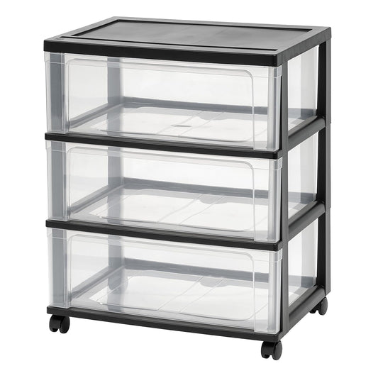 IRIS USA 3-Drawer Wide Storage Cart with Wheels, Organizer, Black | Store clothing, towels, office supplies, craft materials and household essentials with organized storage around your home