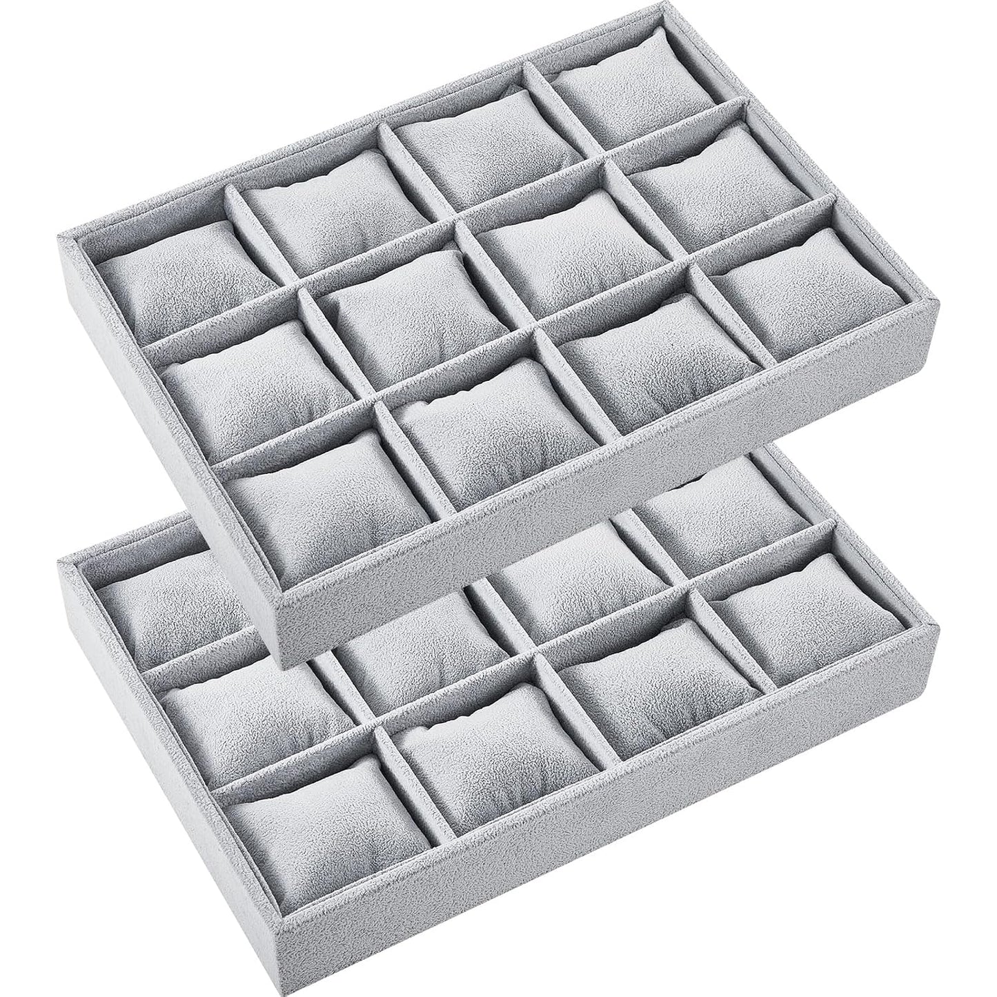 2 Pieces 12 Grid Velvet Watch Tray Jewelry Organizer Stackable Watch Bracelet Bangle Display Holder Adjustable Pillow (Gray)