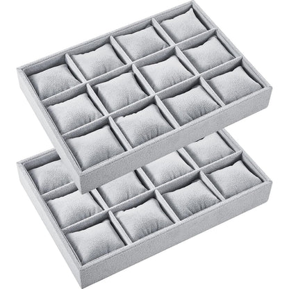 2 Pieces 12 Grid Velvet Watch Tray Jewelry Organizer Stackable Watch Bracelet Bangle Display Holder Adjustable Pillow (Gray)