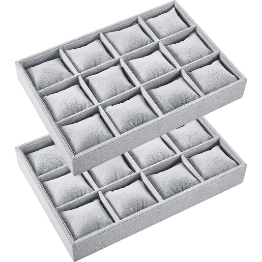 2 Pieces 12 Grid Velvet Watch Tray Jewelry Organizer Stackable Watch Bracelet Bangle Display Holder Adjustable Pillow (Gray)