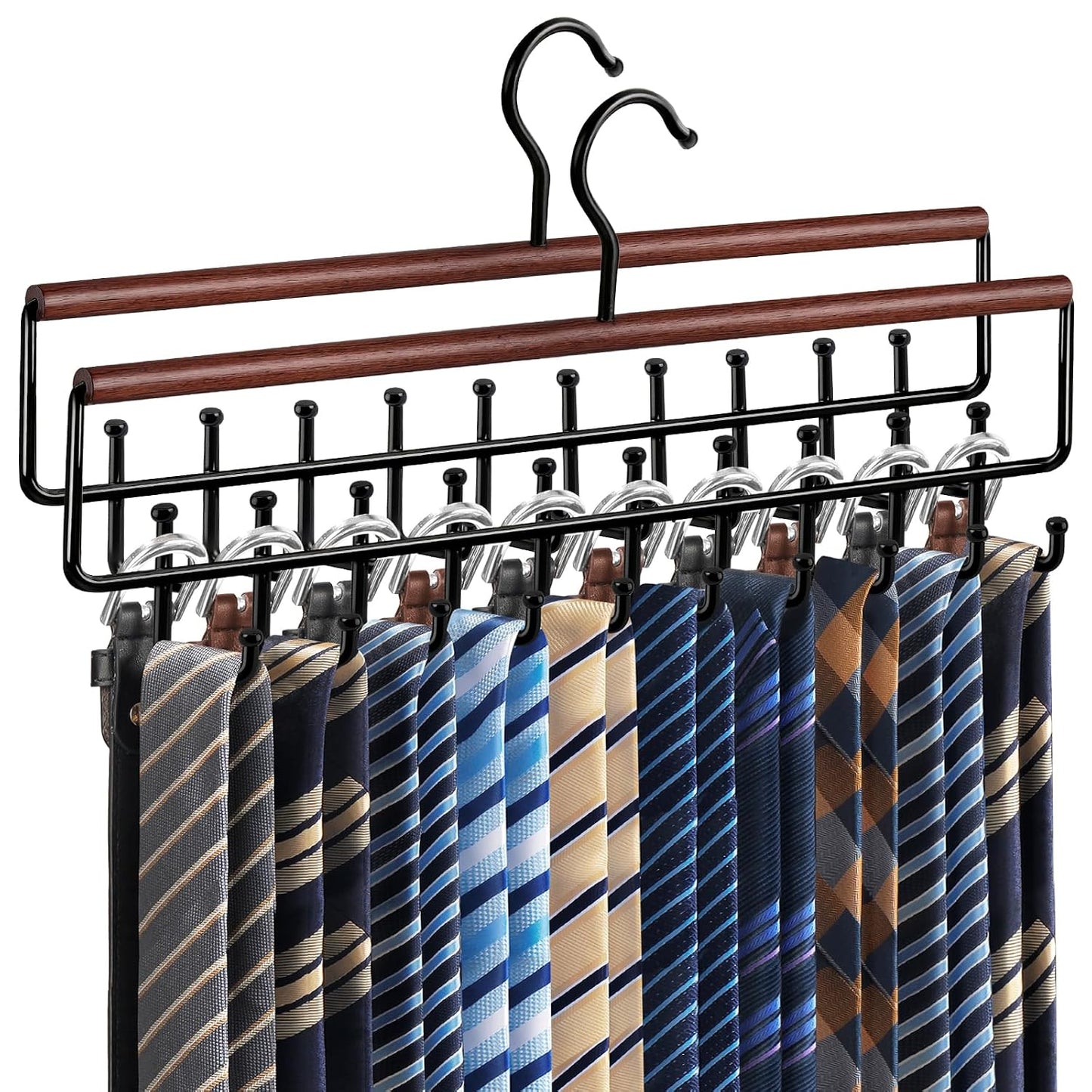 2PC Tie Belt Rack Hanger for Closet, Wood Tie Holder Organizer with 20 Hook | Upgraded 2-in-1 Tie and Belt Hanger Organizer, Large Capacity, 360° Rotating Hook, Non Slip, Space Saving, Walnut color