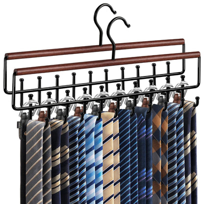 2PC Tie Belt Rack Hanger for Closet, Wood Tie Holder Organizer with 20 Hook | Upgraded 2-in-1 Tie and Belt Hanger Organizer, Large Capacity, 360° Rotating Hook, Non Slip, Space Saving, Walnut color