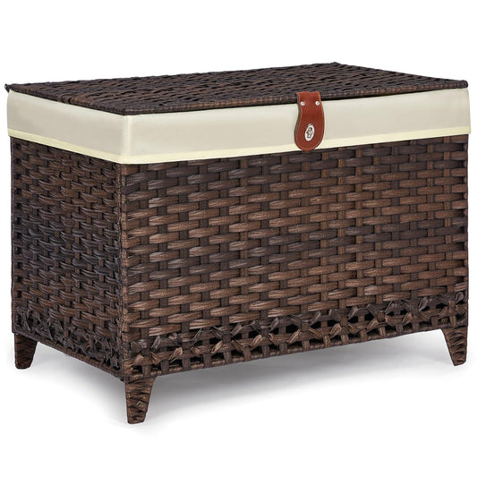 Wicker Storage Basket with Lid, 160L Shelf Basket with Removable Liner Bag | Rattan-Inspired Woven Design, Elevated Feet, Storage Trunk for Wardrobe, Bedroom & Home Organization