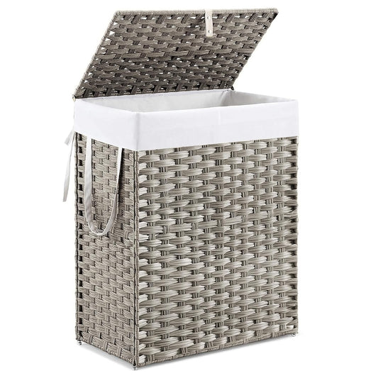 DUMOS Woven Laundry Basket with Lid, 90L Large Capacity Hamper, Removable & Machine-Washable Liner, Foldable Rattan Clothes Hamper, Sturdy Steel Frame, Odor Control, Dove Gray
