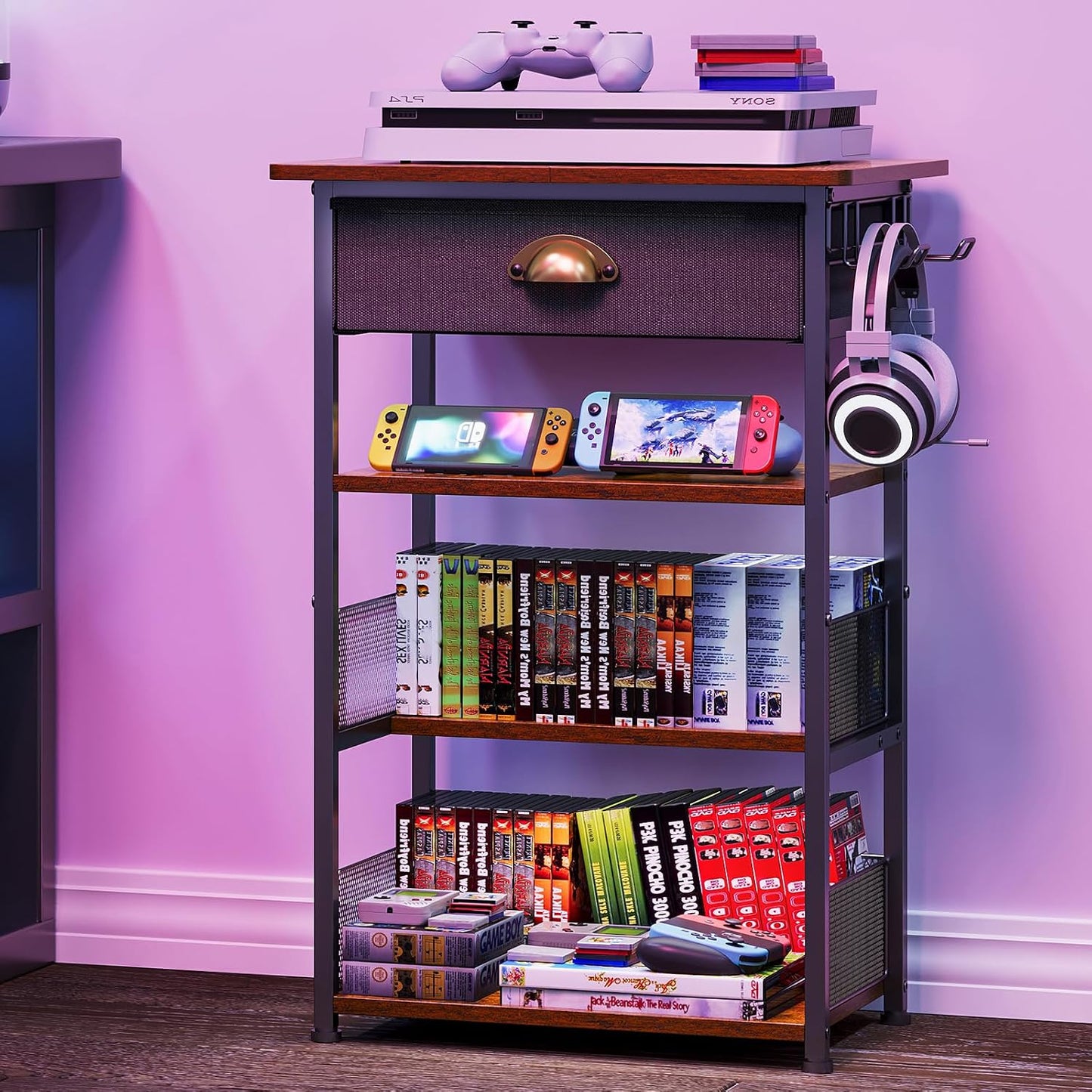 4-Tier AV Media Stand with Drawer, Gaming Console Shelf | Audio Rack Tower with 2 Hooks for PS5, Xbox, Switch, DVD Player, Record Player, Projector and TV Accessories Storage