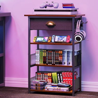 4-Tier AV Media Stand with Drawer, Gaming Console Shelf | Audio Rack Tower with 2 Hooks for PS5, Xbox, Switch, DVD Player, Record Player, Projector and TV Accessories Storage