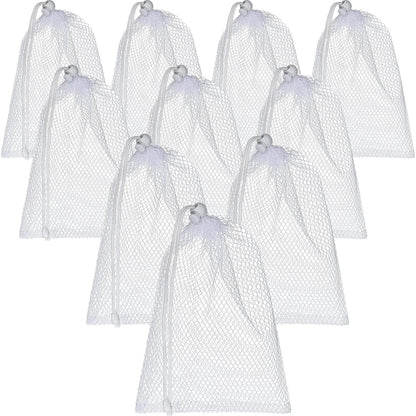 TecUnite 10 Pcs Mesh Laundry Bags with Drawstring Multicolor Mesh Sack Bag Nylon Gift Dishwasher Bag with Sliding for Storage Clothes Socks Jewelry Gifts Toys Fruit(11.8 x 7.5 Inch,White)