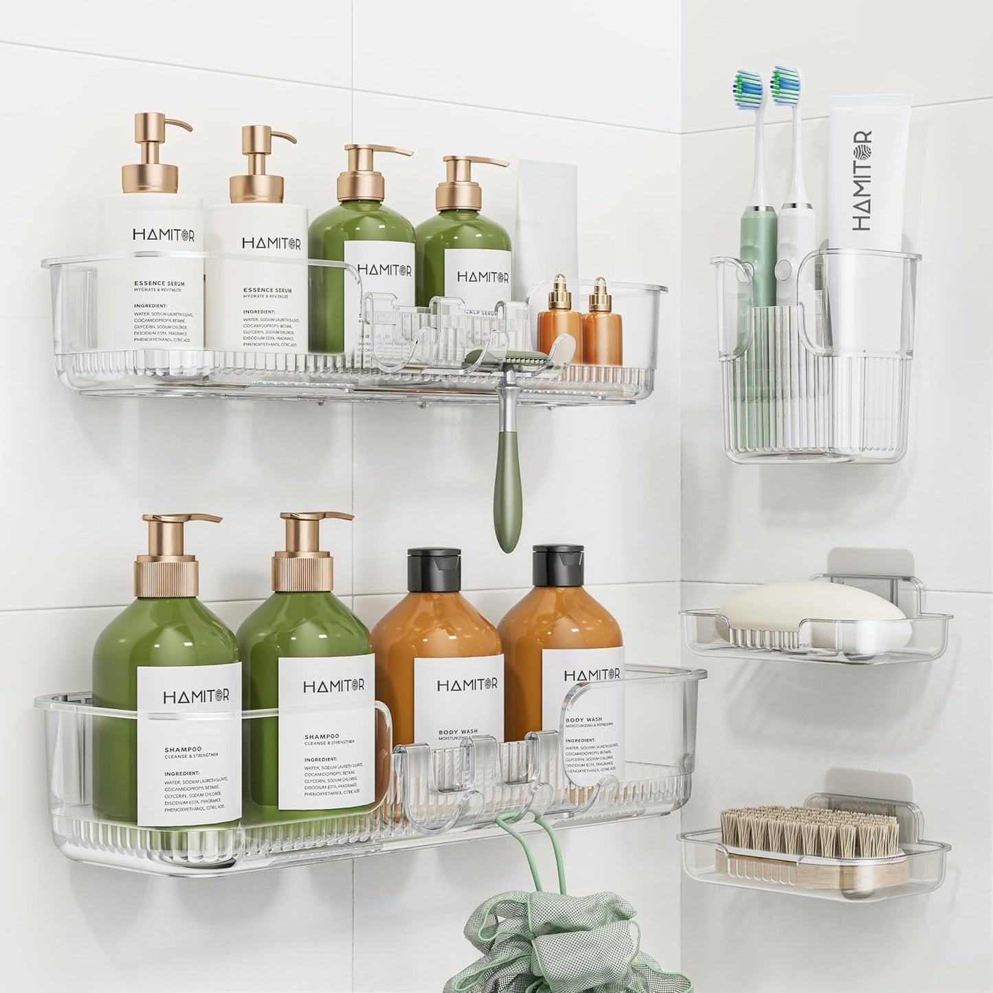HAMITOR Adhesive Shower Caddy for Bathroom：5 Pack Clear Bath Shelves No Drilling for Modern Renters & Home Decor - Rustproof Acrylic Shower Organizer for Bathroom Storage
