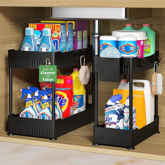 2-Pack Under Sink Organizer with Hooks & Hanging Cup for Kitchen | Multi-use kitchen & bathroom storage, 12.8 inch black cabinet organizer, with hooks and hanging cup for easy access.