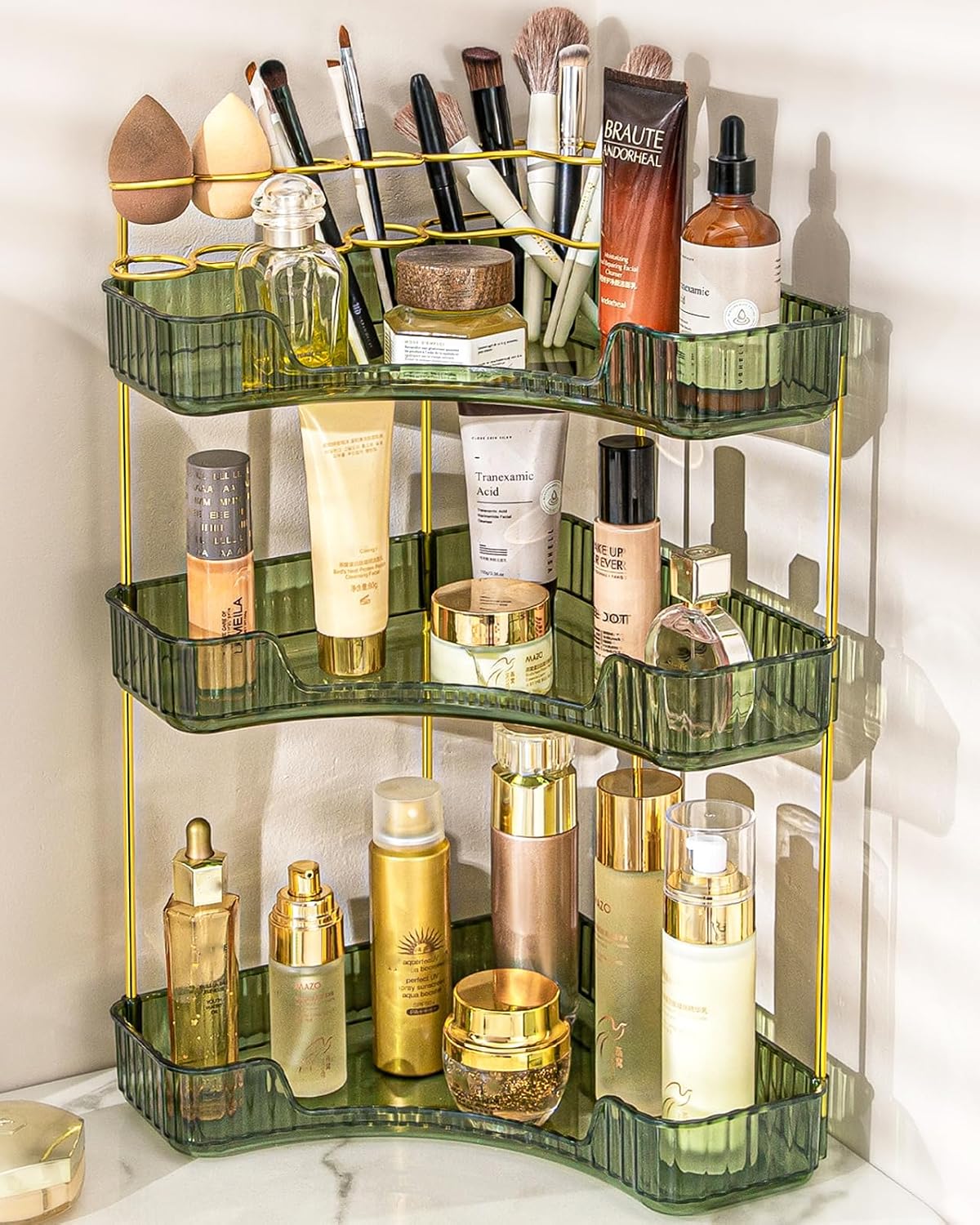 Makeup Organizer 3 Tier Bathroom Counter Organizer with Makeup Brush Holder | Corner Bathroom Organizer Countertop, Acrylic Counter Storage for Bathroom Dresser, Skincare Perfume Organizer- Green