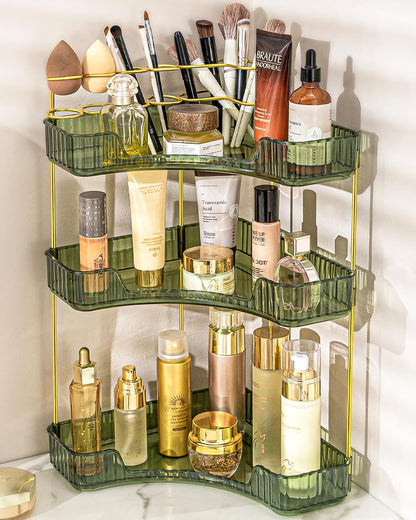 Makeup Organizer 3 Tier Bathroom Counter Organizer with Makeup Brush Holder | Corner Bathroom Organizer Countertop, Acrylic Counter Storage for Bathroom Dresser, Skincare Perfume Organizer- Green