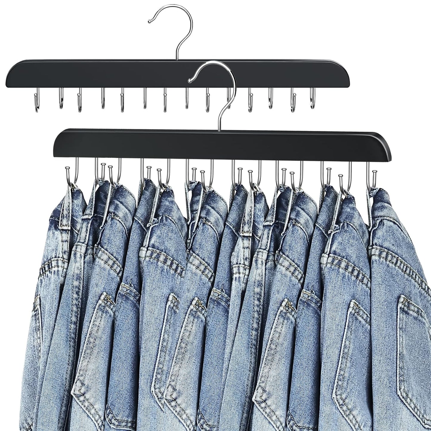 Jean Hangers for Closet, 14 Wood Jeans Hooks Space Saving, 180° Rotating Jean Hangers for Skirts/Shorts/Belts/Ties, Closet Organizers and Storage, Pants Hooks for Jeans, 2 Pack, Black