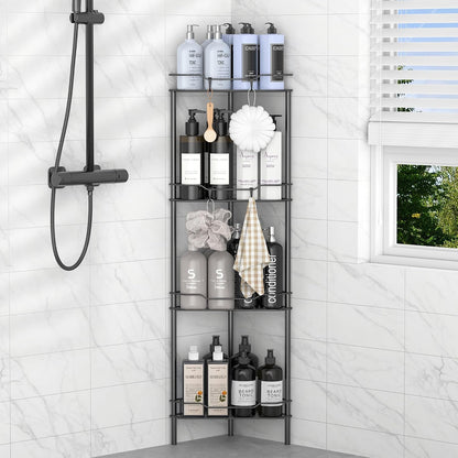 4 Tier Floor Standing Corner Shower Caddy Organizer Shelf with Hooks, Bathroom Shelves Stand Rack, Black | Adhesive Bathroom Organizer Shelves, Free Standing Shower Rack with Hooks, Hold Large Shampoo Bottles