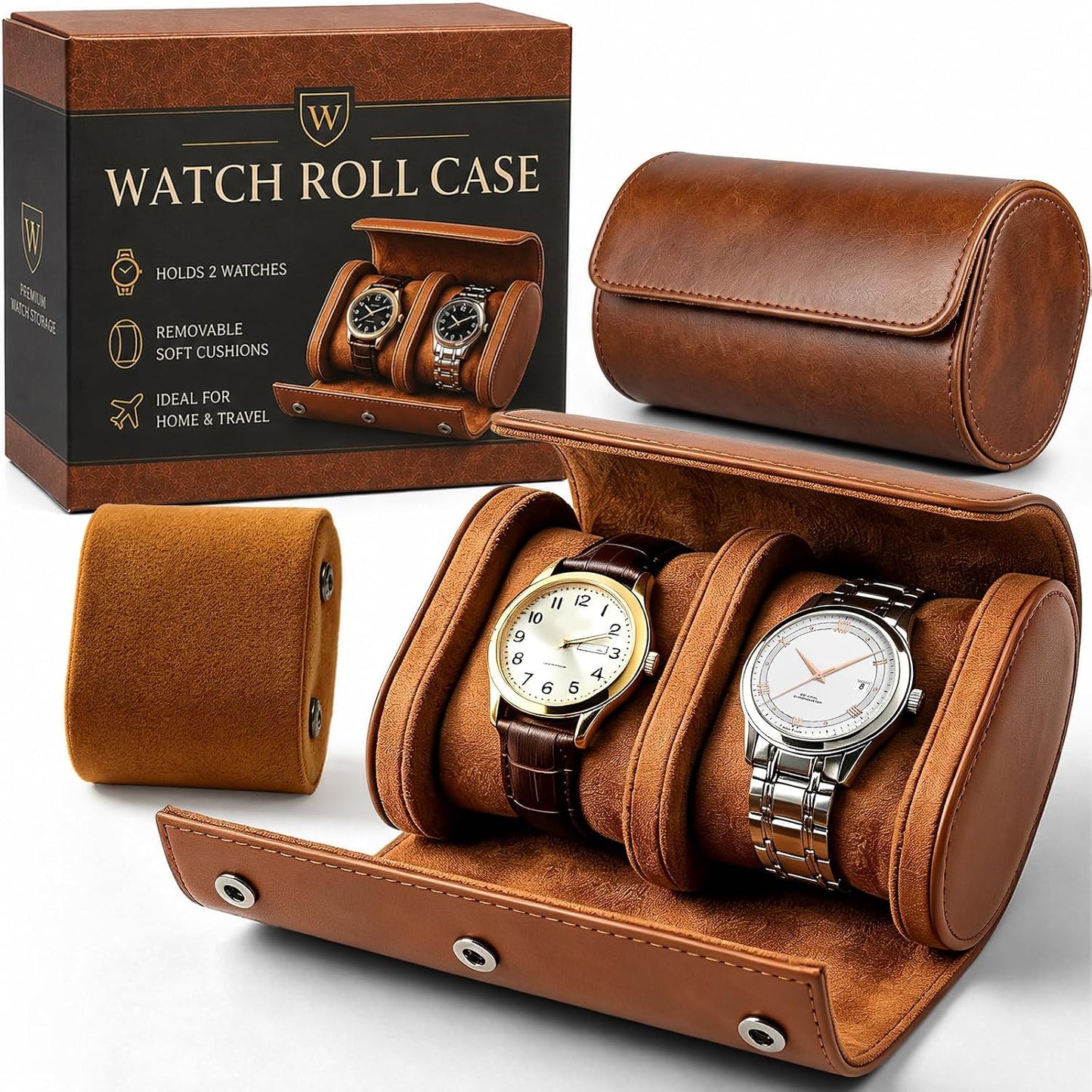 Watch Travel Case for Men: Watch Roll Box 2-Slot with Removable Pillows | Soft Lining, Snap Closure, Portable Storage Compact Organizer for Travel & Display - Gift for Men (Brown)