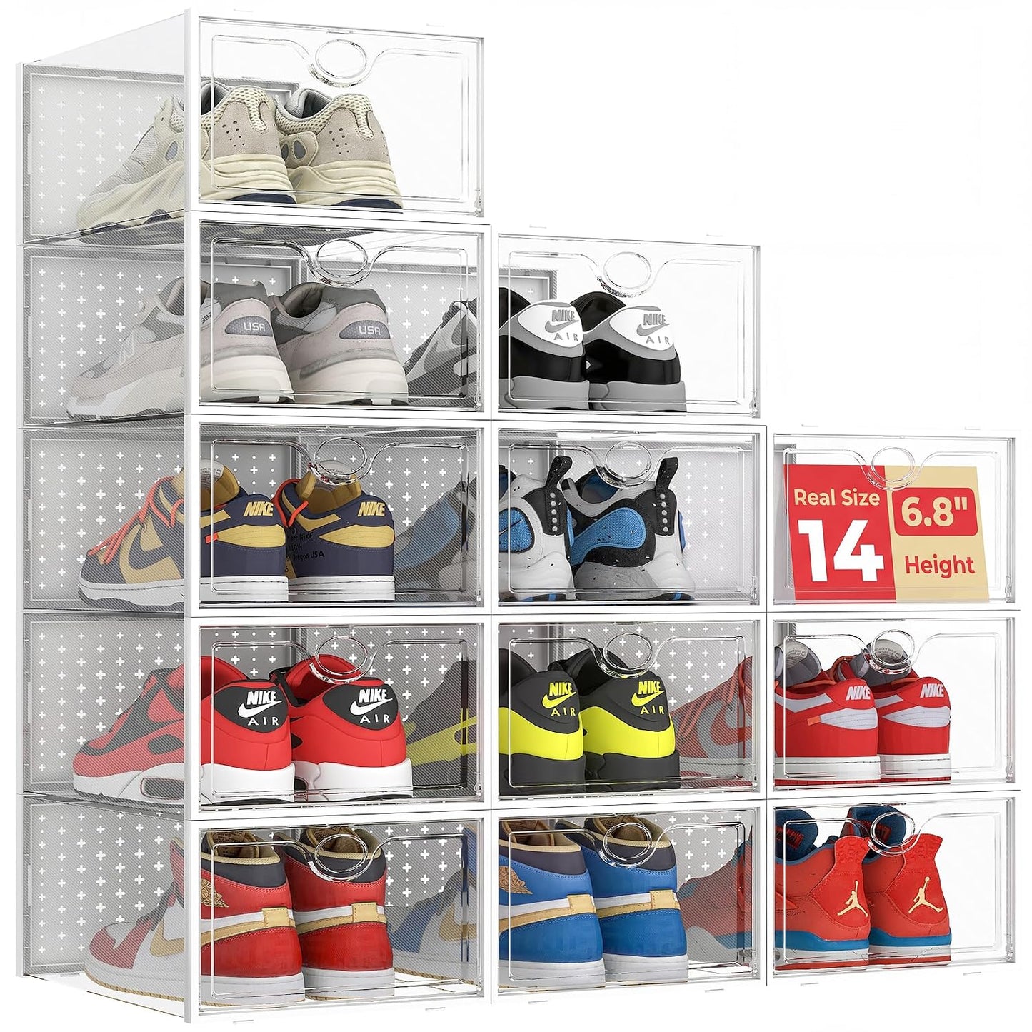 XXL 12 Pack Shoe Storage Box Clear Plastic Stackable Shoe Organizer | Large Capacity for Size 14, 6.8” Height for High Shoes, Ventilation Holes, Sneaker Storage for Sneakerheads, Closet Entryway
