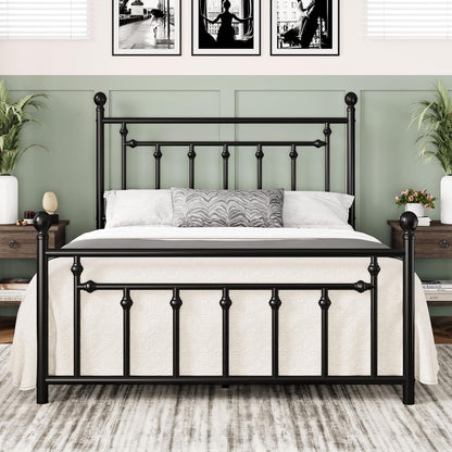 Allewie 14'' Queen Size Metal Platform Bed Frame, Vintage Headboard, Black