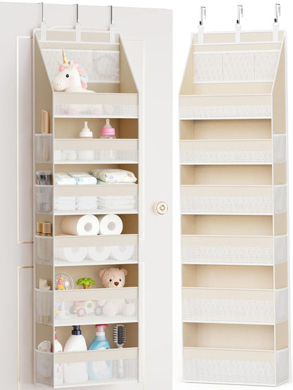 Over the Door Organizer, 6-Shelf Closet Hanging Storage with 13 Mesh Pockets, 55lbs Capacity Behind the Door Storage for Baby Nursery, Bathroom, Bedroom, and Dorm, Beige