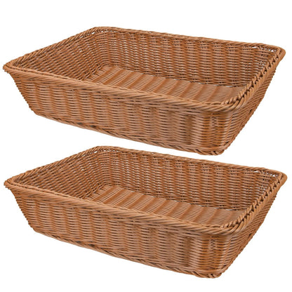 2 Pack Woven Bread Basket, Plastic Wicker Fruit Baskets 15.7 x 11.4 Inch, Imitation Rattan Food Serving Trays for Vegetables, Kitchen, Restaurant, Outdoor, Brown