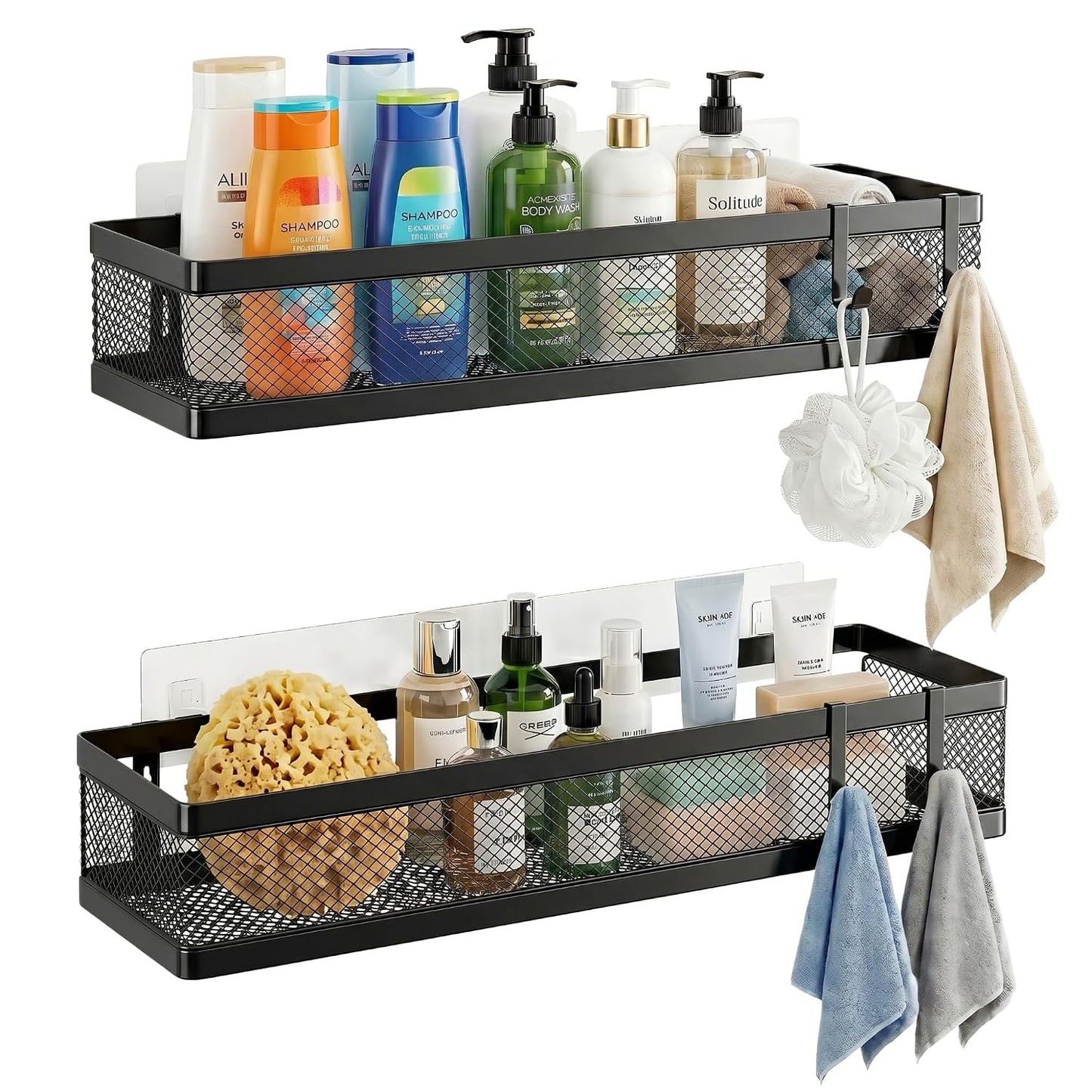 PUSDON 16.5-Inch Extra Long Slim Mesh Shower Caddy, Wall Mounted Bathroom Organizer with Adhesive, Heavy Duty Rustproof Shelf for Narrow Kitchen Pantry & RV, Holds 50 LBS 2-Pack - Matte Black Netting