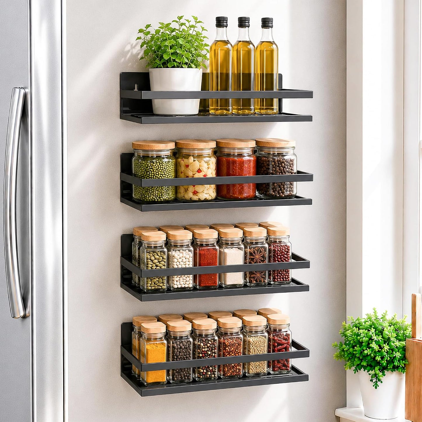 4 Pack Metal Magnetic Spice Rack for Fridge – Heavy-Duty | Iron Construction, Rust-Resistant, Dust-Resistant, Fits Condiment Bottles, Includes Screws for Optional Wall Mount