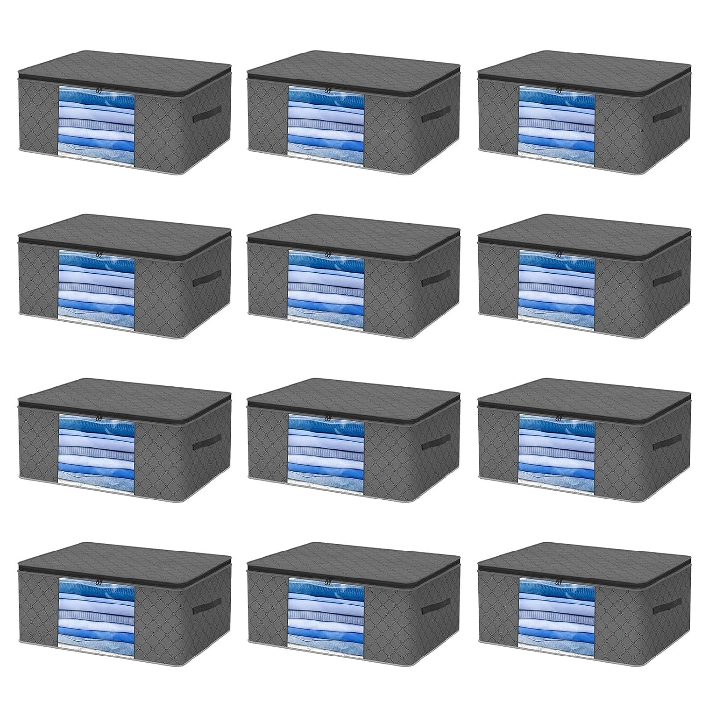 12 Pack Clothes Organizer Storage Bags, 35l Large Capacity, Foldable Underbed Storage Bags, with Clear Window Reinforced Handles for Blankets, Clothes, Comforters, Grey